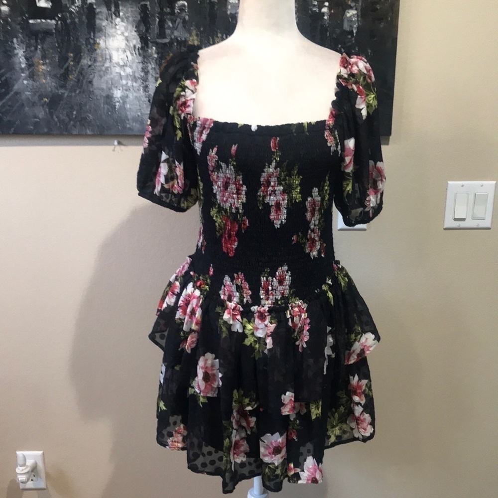 Vici Floral Mini Dress w/Tiered Ruffle Sheer Puff Sleeves & Smocked Bodice-M
